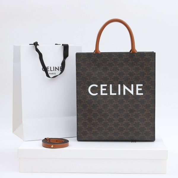 CELINE Vertical Cabas bag in calfskin with logo print and Celine print - Image 2